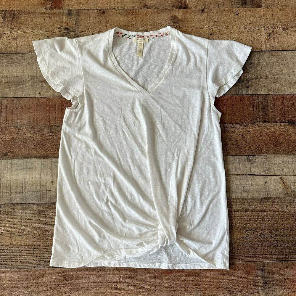 Matilda Jane Women's White V-Neck Short Sleeve Top W/ Knot Detail Size S